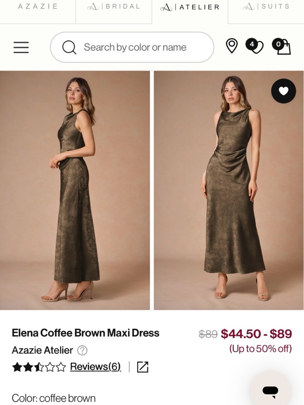 Azazie- Elena coffee brown maxi dress